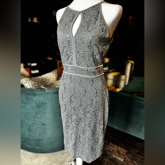 Silver, sequined, sleeveless dress with tie back - Picture 2 of 14